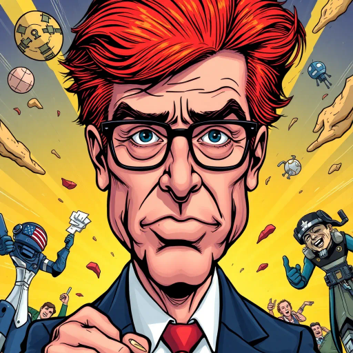 surrealistic caricature, political satire, futuristic vision, vibrant colors, exaggerated features, graphic novel style, 21st-century culture, dynamic poses, bold outlines, pop art influences, larger-than-life persona, expressive composition, visual storytelling, sharp contrasts, humor and irony, cultural commentary, influential figures, iconic imagery, narrative depth, energetic movement