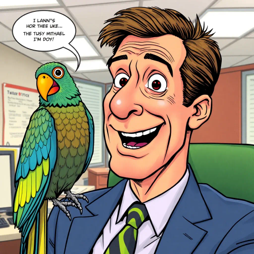 Michael Scott, parrot companion, vibrant colors, humorous expression, dynamic composition, 2000s pop culture, satirical tone, exaggerated features, playful mood, vibrant palette, TV sitcom influences, American office setting, character-centric, lighthearted ambiance, witty dialogue, office environment, pop art style, interplay of humor and absurdity, The Office influences, Steve Carell portrayal, ensemble cast dynamics, mockumentary style, quirky everyday life, subtle irony, Dunder Mifflin setting, Scranton Pennsylvania, comedic timing, deadpan expression, cultural phenomenon, witty banter, office antics, relatable humor, Jim Halpert, Pam Beesly, Dwight Schrute, workplace relationships, vibrant colors, exaggerated expressions, dynamic panels, humor-driven narratives, pop culture references, iconic moments, quirky personalities, expressive line work, sequential art storytelling, playful satire, office supplies creativity