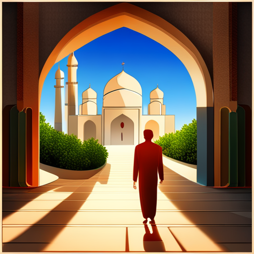 symbolic masjid, rounded border, border shadow, clock, 04:10, caption, 7 minutes walking distance, architecture, religious, spirituality, Islamic art, symmetry, geometric patterns, light and shadow, peaceful, tranquil, serenity, time, passage of time, mosque, spirituality, photography, urban landscape