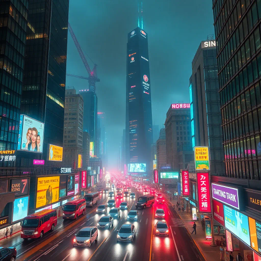 futuristic metropolis, skyscrapers, bustling streets, dynamic movement, neon lights, technological advancement, cyberpunk aesthetic, strategic planning, diverse cultures, innovation, high-tech architecture, night cityscape, vibrant energy, corporate power, networking, global influence, digital connectivity, urban landscape, visionary leaders, business attire, synergy, economic growth, Blade Runner influence, vibrant colors, atmospheric lighting, immersive textures, conceptual depth, modern symbolism, urban sprawl, sleek lines, digital revolution, transient motion, speculative future, electric ambiance