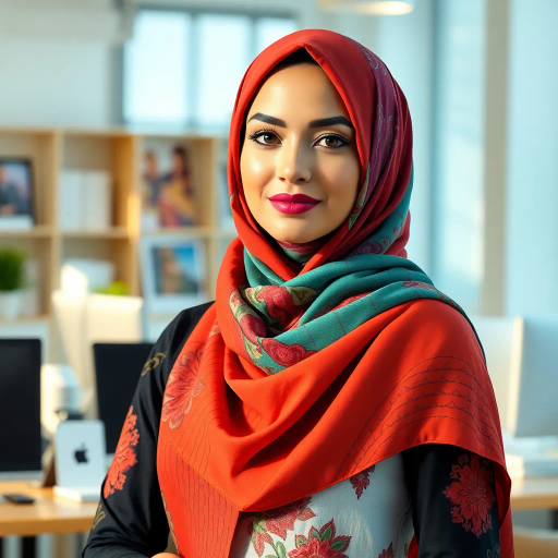 elegant Arab woman, wearing hijab, workplace setting, vibrant colors, impressionist influence, daylight streaming, soft textures, intricate patterns, Middle Eastern culture, contemporary design, dynamic composition, modern technology, serene mood, warm palette, sophisticated attire, artistic flair, delicate details, subtle expression, harmonious blend, cultural identity, female empowerment, graceful movements, respectful portrayal