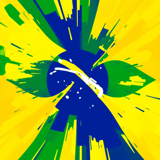 Brazilian flag, vibrant colors, modern digital interpretation, geometric shapes, vivid green, deep yellow, midnight blue, iconic symbolism, cultural pride, Henri Matisse influence, abstract representation, energy and movement, tropical essence, contemporary twist, luminosity, dynamic composition, national identity, artistic expression, unity and diversity, celebration of heritage, bold contrasts, visual impact, conceptual artistry, emotive design