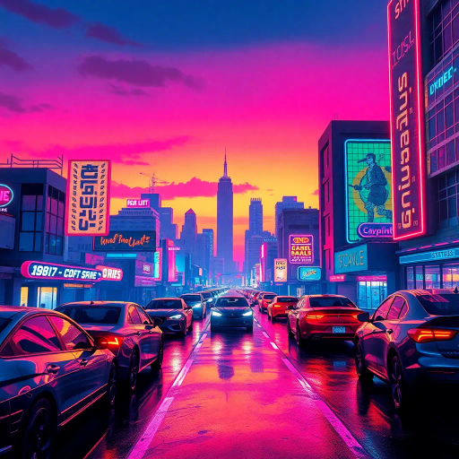 futuristic cityscape, cyberpunk vibes, vibrant neon colors, electric hues, 1980s aesthetics, synthwave influence, bold geometric shapes, neon lights, urban landscape, high contrast visuals, retro-futurism, dynamic movement, dusk lighting, vivid reflections, intricate detailing, digital rendering, surreal atmosphere, abstract patterns, sci-fi elements, immersive universe, nostalgic mood, visual rhythm, avant-garde expression, cultural nostalgia, neon-punk, Brian Eno, Tron, fluorescent glow, Jean Giraud, Ridley Scott, saturated palette, chrome textures, digital synesthesia, kinetic energy, multilayered narrative, kaleidoscopic perspective, David Bowie, ethereal ambiance