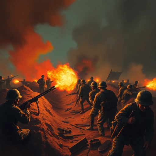 WW1 flamethrower, dramatic lighting, intense shadows, chaos, historical context, realism, vivid colors, explosive movement, soldiers in trenches, smoke and fire effects, battlefield ambiance, tension and fear, Edward Hopper, warzone illustration, somber mood, earth tones, textured brushstrokes, dynamic composition, perspective depth, early 20th century warfare, vintage military equipment, raw emotion, high contrast