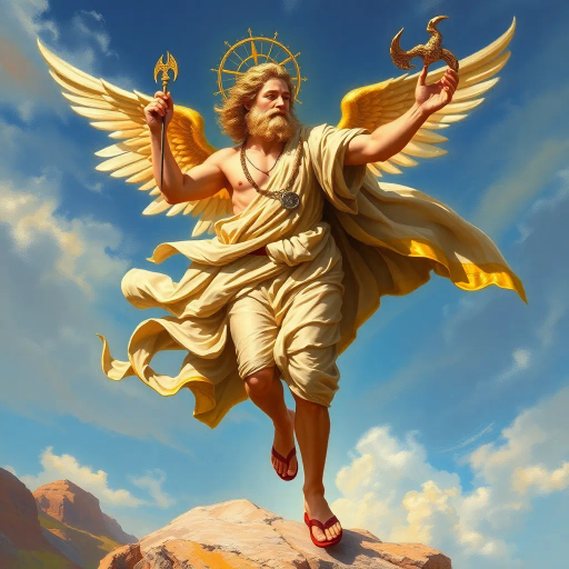 Hermes, Greek god, divine messenger, wings on sandals, caduceus, swift movement, dynamic pose, classical antiquity, mythological figure, spiritual journey, ethereal glow, lively expression, flowing robes, bronze sheen, golden highlights, celestial ambiance, divine radiance, Olympian grandeur, Renaissance elegance, masterful brushwork, majestic presence, fluid motion, wind-swept landscape, mythical essence, Homeric influence, Roman frescoes, Hermes Trismegistus, open sky, elevated perspective, spiritual transcendence, ancient mythology, artistic symbolism, celestial themes, elegant visual representation