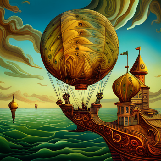 vibrant colors, large scale, dreamlike landscape, whimsical hot air balloon, surreal atmosphere, fantasy elements, imaginative composition, ethereal lighting, fantastical perspective, magical realism, floating sensation, colorful palette, otherworldly adventure