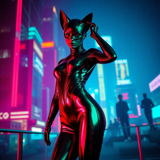 sleek catsuit design, high fashion, futuristic elements, vibrant neon lighting, dynamic pose, bold composition, metallic textures, sci-fi influence, Joan Miró inspiration, night cityscape, cyberpunk aesthetics, mysterious mood, playful elegance, abstract forms, intricate detailing, avant-garde style, fluid movements, bold color contrasts, surreal presentation, depth and layering, unconventional materials, reflections and shadows, elegant silhouette, imaginative realm, Salvador Dali, dreamlike atmosphere, geometric precision, fluid dynamics, visual storytelling, abstract surrealism, enigmatic expressions, ethereal glow, kaleidoscopic patterns, reflective surfaces, overlapping dimensions, contrasting hues, multidimensional perspective, spatial depth, imaginative narrative