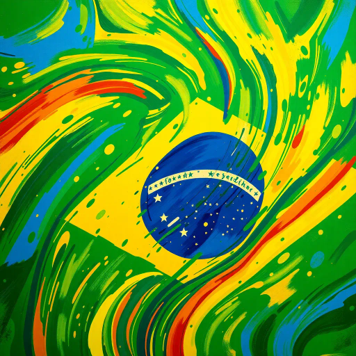 vibrant Brazilian flag, swirling colors, dynamic movement, tropical influences, modern digital techniques, vivid greens, deep yellows, royal blues, abstract expressionism, colorful splashes, textured layering, cultural richness, iconic symbolism, national pride, rhythmic patterns, energetic composition, oval forms, contemporary interpretation, lively atmosphere, digital brushstrokes, experimental canvas, immersive scale, seamless blend, harmony and unity, historical resonance, artistic celebration