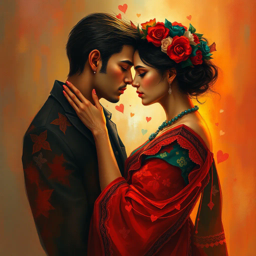 romantic, passionate, emotional connection, ethereal lighting, warm colors, intimate setting, surrealism, dynamic movement, Renaissance inspiration, intricate textures, fantasy elements, embrace, whispers of Frida Kahlo's influence, expressive brushstrokes, vibrant emotions, dreamlike atmosphere, modern twist, intimate gaze, abstract elements, soft focus, timeless love