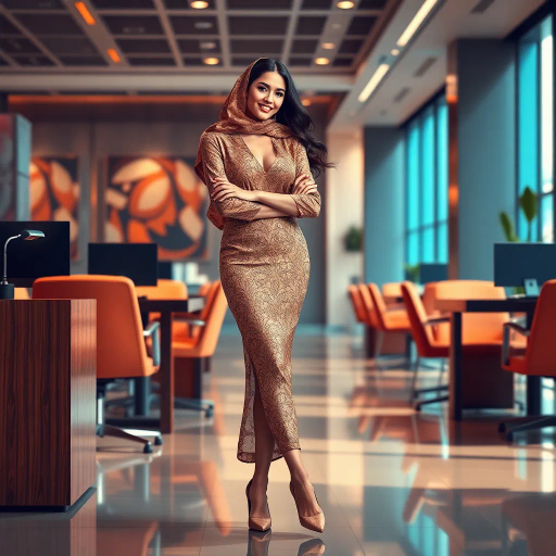 elegant Arab woman, sophisticated hijab, modern workplace, professional attire, high heels, Middle Eastern influence, contemporary art, intricate patterns, vibrant colors, soft lighting, dynamic pose, Impressionism influences, delicate fabrics, confident and empowering presence, cultural expression, diverse representation, cultural fusion, modernism, grace and poise, harmony, balance, cultural narrative, advanced digital techniques, refined textures, bold symbolism, inspired by Gustav Klimt, Art Nouveau elegance, surreal lighting, empowered femininity, rich textures, fluid movement, intricate details, cultural symbolism, confident aura, dynamic composition