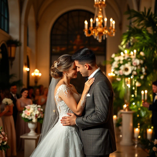 romantic celebration, timeless elegance, 21st-century love, glimmering ambiance, Monet-inspired florals, Art Deco architecture, soft pastels, impressionist romance, chiaroscuro lighting, candid moments, serene joy, impressionistic details, lace textures, symbolic rings, heartfelt connections, dynamic composition, joyful intimacy, lush gardens, ethereal beauty, vibrant expressions, heartfelt vows, grand hall, glowing candles, timeless vows, tender expressions