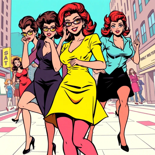 sassy ladies, vibrant colors, dynamic poses, 1960s pop art, bold outlines, Roy Lichtenstein influence, expressive facial expressions, humorous undertones, lively movement, exaggerated features, retro fashion, playful attitude, urban setting, strong female characters, iconic fashion, graphic design, speech bubbles, stylized backgrounds, mid-century modern, dynamic composition, energetic vibe, cultural commentary