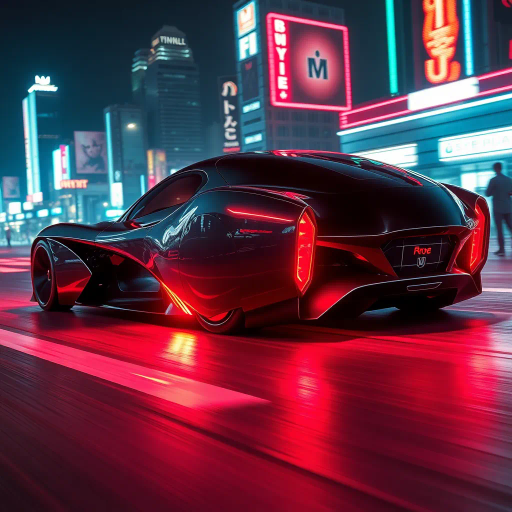 futuristic car design, sleek lines, chrome finish, vibrant neon highlights, dramatic lighting, dynamic movement, aerodynamic shape, retro-futurism, precision engineering, urban environment, concept art, high-tech materials, hyper-realistic detailing, modern aesthetics, speed and agility, metallic textures, ambient atmosphere, avant-garde composition, illuminated cityscape, art deco influences