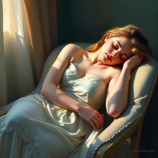 tranquil scene, woman, sleeping, seated on chair, delicate posture, soft ambient light, serene expression, gentle repose, impressionist touch, pastel colors, dreamlike atmosphere, elegant curves, calming mood, ethereal glow, romanticism, calm tranquility, subtle shadows, relaxed muscles, atmospheric depth, peaceful dreamscape, soothing composition, reposed stillness, intimate setting, classical influence, fine details, harmonious balance, reflective bliss, soothing aura