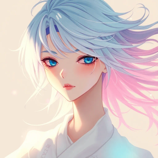 androgynous elegance, vibrant colors, ethereal fantasy, manga influence, smooth line quality, delicate features, Studio Ghibli whimsy, pastel hues, soft lighting, expressive character design, Yoshitaka Amano inspiration, flowing hair, serene expression, youthful charm, dynamic composition, balance of masculinity and femininity, emotional depth, Japanese cultural aesthetics, surreal elements, kawaii touches, dreamlike atmosphere