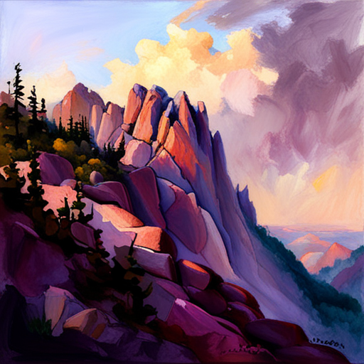 majestic peaks, rugged terrain, atmospheric perspective, muted colors, Impressionism, Hudson River School, light and shadow, texture, acrylic paint, naturalism, serenity, grandeur, scale, plein air, rocky outcroppings, dramatic sky, asymmetry, depth, soft brushstrokes, tranquility