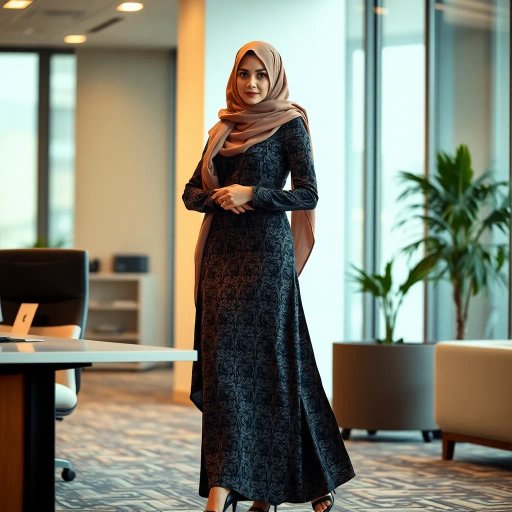 Arab woman, elegant hijab, professional setting, modern workplace, high heels, Middle Eastern culture, contemporary art, intricate patterns, vibrant colors, soft lighting, dynamic pose, cultural expression, delicate fabrics, office environment, confident demeanor, sophisticated fashion, grace and poise, diverse representation, cultural fusion, empowerment, modernism, Impressionism influences, human form, balance and harmony, Henri Matisse, modern elegance, intricate textile patterns, vibrant aesthetic, global influence, artistic expression, dignity and strength, atmospheric composition, elegant lines, harmonious palette, seamless integration, modern artistry