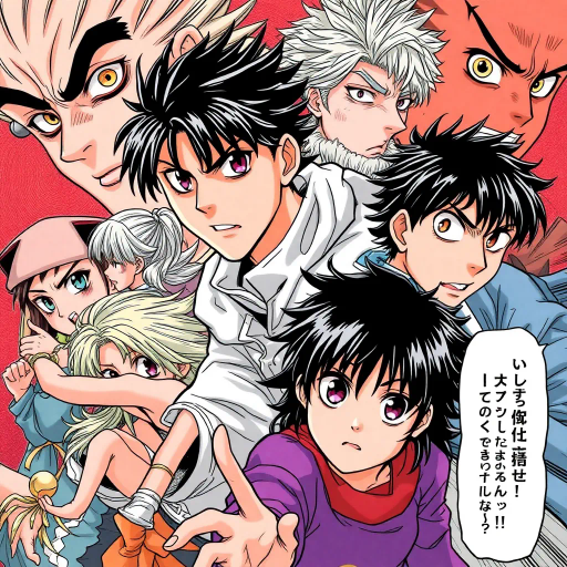 dynamic characters, intricate costumes, vibrant energy, vivid emotion, bold lines, expressive eyes, dramatic angles, energy bursts, vibrant colors, stylized action, cultural references, fantastical elements, modern storytelling, fluid motion, intense drama, character evolution, narrative depth, vibrant landscapes, animated world, stylistic exaggeration, Manga influences, deep shadows, contrasting tones, dynamic composition