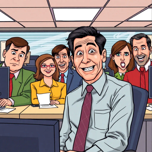 michael scott, the office, satirical humor, vibrant colors, exaggerated expressions, office setting, mid-2000s, pop culture, character study, humorist style, narrative art, workplace comedy, cultural icon, 9-to-5 life, corporate satire, bold outlines, dynamic poses, situational comedy, everyday life, americana, cubicle world, quirky personalities