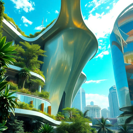 futuristic utopia, 2000s nostalgia, vibrant hues, glossy textures, lush greenery, botanical abundance, retro-futurism, blue and green palette, ecological harmony, smooth surfaces, reflective materials, soft gradients, hyper-realistic landscapes, Claude Lorrain influence, immersive environment, ethereal lighting, sprawling cityscapes, verdant parks, organic architecture, serene atmosphere, visionary aesthetics, dynamic compositions, interplay of nature and technology, fluid shapes, harmonious coexistence, evocative serenity, sustainable vision