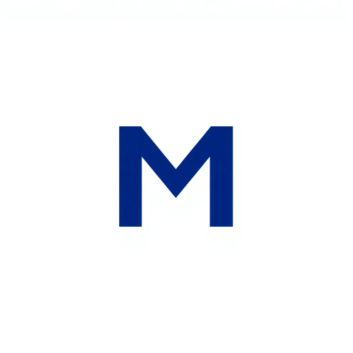 minimal M logo, perspective convergence, depth, hierarchy, solid indigo blue, geometric, modern tech design, flat vector, white background, Bauhaus influences, clean lines, symmetry, contemporary aesthetics, spatial innovation, futurism, precision, abstraction, innovative branding, structural elegance