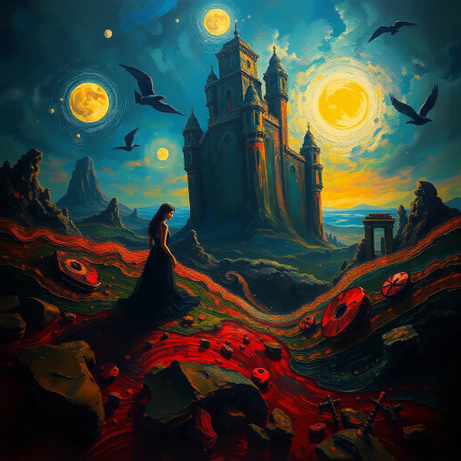 surreal landscape, Mike Worrall, dreamlike figures, ethereal glow, chiaroscuro, vibrant palette, enigmatic atmosphere, fluid motion, Renaissance influence, abstract forms, kaleidoscopic colors, impressionist brushwork, haunting beauty, dramatic contrasts, conceptual depth, mysterious narratives, twilight ambiance, surrealism, dynamic flow, intricate details