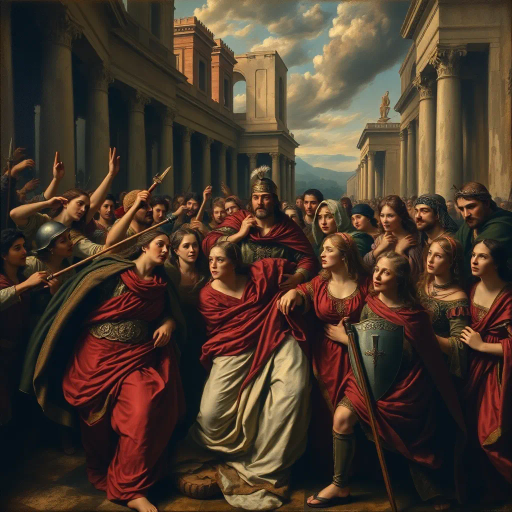 sack of Rome, 410 CE, Visigothic warrior, Roman girls, historical drama, Alaric I, intricate costumes, ancient architecture, chaos, resilience, chiaroscuro lighting, epic scale, Baroque influence, dramatic tension, Hans Holbein the Younger, emotional storytelling, textured brushwork, dynamic composition, Roman Empire decline, vibrant color palette, cultural clash, mythic narrative, melancholic undertones, expressive faces, grandiosity, historical fantasy, vivid realism