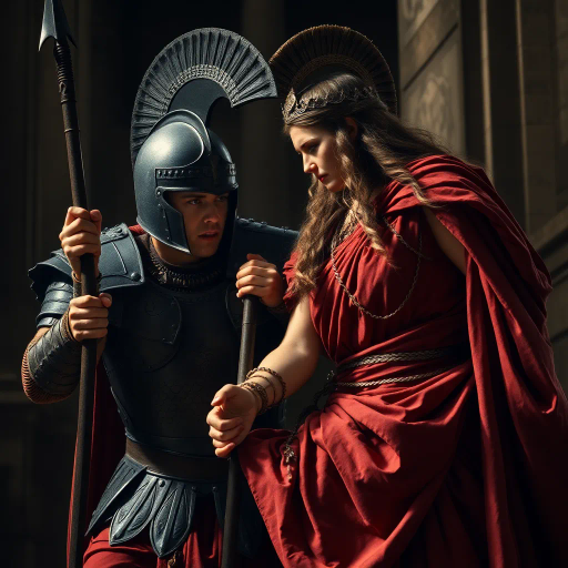 ancient Rome, Sack of Rome 410 CE, Visigothic warrior, Roman lady, dramatic tension, historical narrative, epic composition, chiaroscuro lighting, rich textures, vivid colors, romanticism, classicism, dramatic movement, cultural clash, historical saga, detailed armor, flowing Roman robes, emotional intensity, symbolic imagery, layered composition, heroic scale, classical architecture backdrop, dynamic interactions, historical realism, artistic storytelling, power and grace, clash of civilizations, evocative mood, intricate detailing, timeless conflict, artistic depth, dramatic contrast