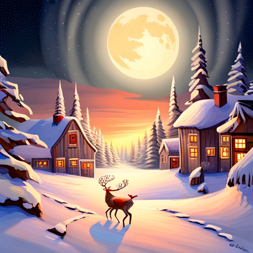 reindeer, santa, delivering presents, magical, whimsical, holiday, Christmas, winter wonderland, sleigh, chimney, glowing, nighttime, stars, snowflakes, cozy, joyful, festive, red and green, snowy landscape, mystical, enchanted, mythical creatures, holiday spirit, jolly, anticipation, magical journey