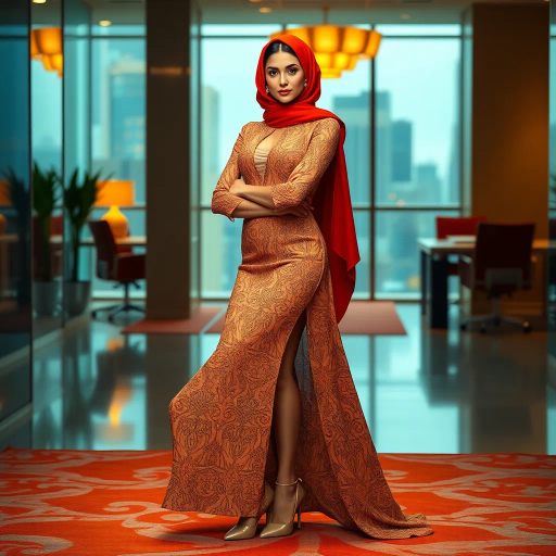 elegant Arab woman, contemporary fashion, hijab, professional attire, modern workplace, high heels, Middle Eastern influence, vibrant colors, soft ambient lighting, dynamic posing, cultural expression, delicate textiles, confident and empowering presence, sophisticated grace, diverse cultural representation, fusion of modern and traditional elements, cultural fusion, empowerment and poise, Impressionism influences, Gustav Klimt inspiration, Art Nouveau elegance, intricate patterns, intricate detailing, vibrant color palette, symbolic attire, office environment, balance and harmony, dynamic composition, surreal lighting, cultural narrative, refined textures, bold symbolism, artistic influences, multicultural dialogue, striking balance, expressive realism, innovative representation, unique fashion, delicate balance, harmonious color palette