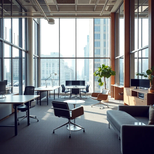 modern workspace, sleek design, natural light, harmony, productive environment, Eames-inspired furniture, glass surfaces, minimalism, Scandinavian influence, calming atmosphere, muted tones, wood accents, ergonomic layout, collaborative space, urban vibe, creative energy, architectural lines, modernity, office architecture, contemporary workplace, cityscapes, urban life, efficient design, spacious interior, organizational flow, professional setting, real-world snapshot, dynamic space, progressive design