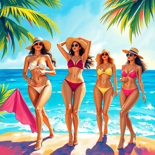 elegant ladies, bikinis, vibrant tropical scene, impressionism, soft brushstrokes, contemporary summer fashion, Henri Matisse influences, vivid colors, azure blue, coral pink, radiant sunshine, carefree mood, dynamic composition, fluid movement, artistic expression, diverse body types, ocean backdrop, playful atmosphere, multicultural influences, high contrast, light and shadow play, breezy textures, beachside elegance, panoramic view, leisure lifestyle, 21st-century visual storytelling