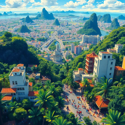 vibrant rainforest, sprawling cityscapes, Rio Carnival celebration, modernist architecture, Tarsila do Amaral, tropical paradise, lush landscapes, Samba rhythm, vivid color palettes, dynamic movement, cultural fusion, vibrant street art, warm sunlight, Copacabana beach, panoramic views, rich biodiversity, Botero-inspired figures, expressive brushstrokes, Amazon River, intricate textures, joyous atmosphere, cultural heritage, Henri Rousseau influence, energetic composition