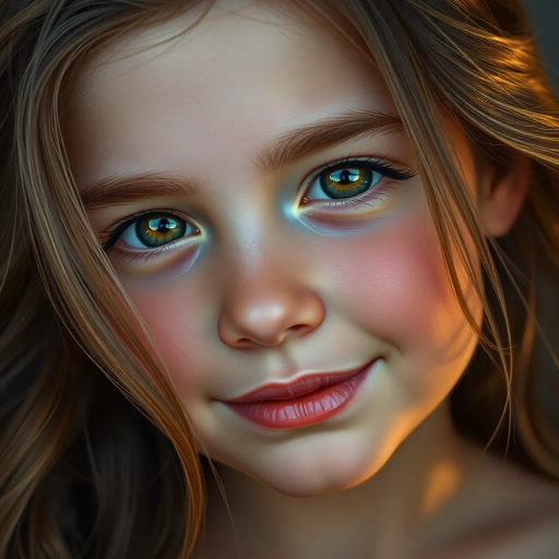 hyper-realism, detailed portrait, youthful innocence, rich color palette, vibrant lighting, captivating gaze, glossy textures, flowing hair, delicate features, soft composition, emotional depth, contemporary style, serene expression, modern portrayal, artistic realism, meticulous details, skin tones, subtle highlights, warm ambiance, photorealistic rendering, joyful essence, expressive eyes, intimate perspective, charming presence, delicate framing, enchanting mood