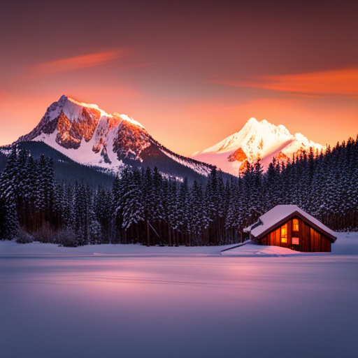 majestic mountain range, serene landscape, cozy wooden cabin, vibrant forest foliage, panoramic view, golden hour lighting, alpine peaks, textured clouds, natural beauty, rustic architecture, wilderness adventure, outdoor recreation, inviting warmth, peaceful isolation, organic textures, environmental harmony