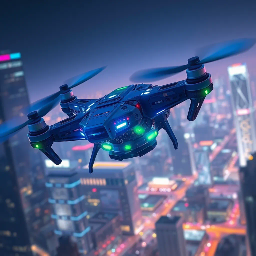 futuristic drone, dynamic angles, sleek design, neon lights, cyberpunk aesthetic, intricate circuitry, high-tech machinery, electric blue, neon green, atmospheric glow, detailed textures, technological marvel, advanced robotics, hovering in motion, urban skyline backdrop, digital era influence, ambient lighting, science fiction, speed and agility, engineering brilliance, concept art, visionary design, cutting-edge innovation, cityscape reflections, tech-inspired composition, cybernetic influence, synthetic textures, urban futurism, vibrant color palette, luminous highlights, modern engineering, sleek urbanity, tech-driven ambiance, innovative technology, multidimensional perspective, kinetic movement, electrifying energy, Nascent Technology, cybernetic fusion, digital innovation, urban sophistication, neon vibrance