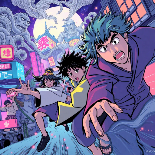 dynamic characters, intricate costumes, vibrant energy, vivid emotion, bold lines, expressive eyes, dramatic angles, energy bursts, vibrant colors, stylized action, cultural references, fantastical elements, modern storytelling, fluid motion, intense drama, character evolution, narrative depth, vibrant landscapes, animated world, stylistic exaggeration, Manga influences, deep shadows, contrasting tones, dynamic composition