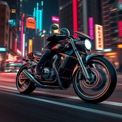futuristic motorcycle, sleek design, dynamic movement, vibrant neon lighting, retro-futurism aesthetics, Ralph McQuarrie, cyberpunk cityscape, speed and energy, chrome finishes, intricate mechanical details, kinetic composition, bold contrasts, urban night setting, digital rendering techniques, motion blur, concept art, streamlined form, synthetic materials, high contrast shadows, immersive environment, Akira inspiration, Blade Runner ambiance, luminous reflections, electric hues, cutting-edge technology, dusk ambiance, cinematic angles, futuristic metropolis, pulsating vibrancy