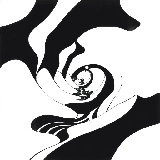 geometric shapes, intricate patterns, flowing lines, minimalist design, abstract expression, monochrome palette, dynamic movement, M.C. Escher influence, precise detailing, linear perspective, conceptual exploration, visual harmony, contour emphasis, spatial depth, contemporary influence, surreal geometry, optical illusion, mathematical artistry, avant-garde composition, abstract forms, pen and ink medium, black and white contrast, intersecting lines, detailed tessellation, fluid dynamics, rhythmic patterns, creative geometry, fine linework, subtle gradients, modern abstraction, artistic innovation, interlocking forms, infinite loops, Escherian landscapes, artistic paradox