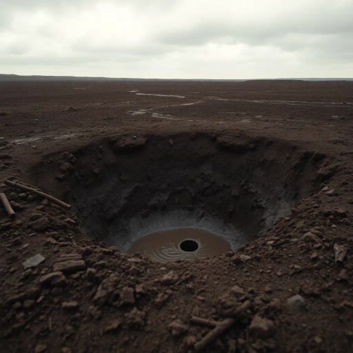 world war i, muddy landscape, shell hole, crater, wet earth, contrasting textures, somber mood, muted colors, rich soil, ripples in water, silent echoes, early 20th century, historical context, emotional weight, desolation, battlefield remnants, dramatic lighting, overcast sky, melancholy atmosphere, realistic depiction, depth and perspective, rugged terrain, Antoine de Saint-Exupéry influence, historical symbolism, vast open space, natural irregularity, memory of conflict