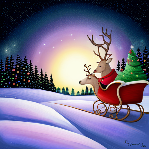 reindeer, Santa, delivering presents, winter, holiday, magical, flying, sleigh, chimney, snowy landscape, festive, joy, gift-giving, red-nosed, Rudolph, Santa Claus, jolly, elves, workshop, snowflakes, starry night, Christmas