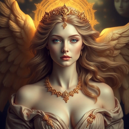 mythical goddess, ethereal beauty, Baroque influence, dynamic composition, vivid golds, soft skin textures, romantic lighting, divine femininity, voluptuous forms, opulent garments, surreal landscapes, luminescent aura, celestial themes, hyper-realistic details, delicate contrasts, elegant poise, Michelangelo inspiration, flowing hair, Renaissance echoes, emotional depth