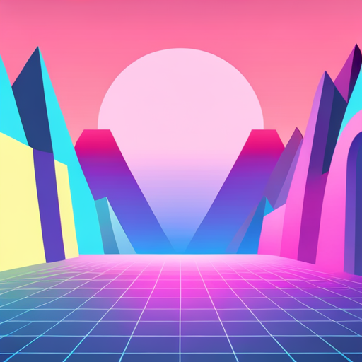 retro-futurism, vector-art, abstract, pastel-colors, futuristic, technology, sci-fi, 80s, digital, neon-lights, chrome, neon-pink, vaporwave, 80s-horror, dystopian-future, glitch-art, cyberpunk, geometric shapes, neon-signage