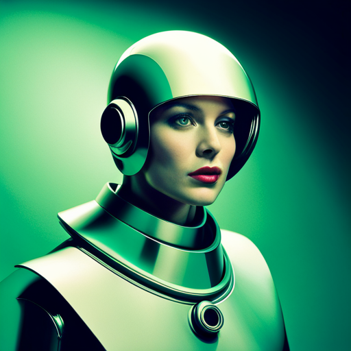 1970's, sci-fi, robot, portrait, studio light, emerald colored background, retro-futuristic, vintage, metallic, futuristic technology, human-like, mechanical, science fiction, artificial intelligence, sci-fi movie poster, cybernetics, neon lighting, nostalgia, analog aesthetic