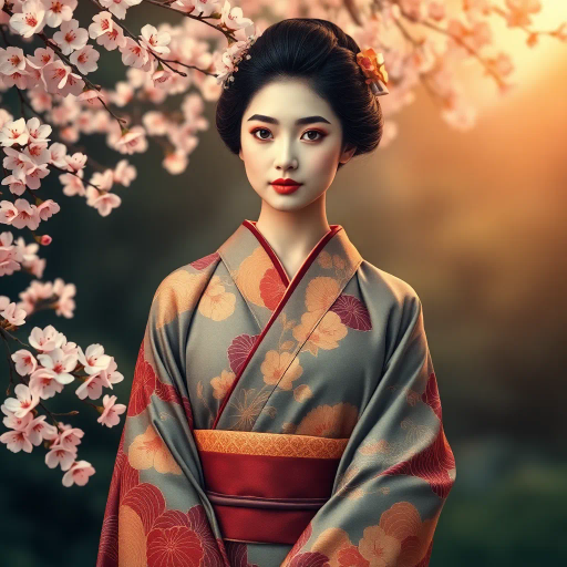 elegant Japanese woman, serene expression, traditional kimono, vibrant cherry blossoms, Hokusai-inspired waves, Edo period influence, intricate patterns, soft pastel colors, gentle brushstrokes, ukiyo-e style, atmospheric lighting, harmonious composition, cultural symbolism, tranquil mood, detailed fabric texture, natural elegance, cultural heritage, poised posture, soft focus background, immersive scene, refined color palette