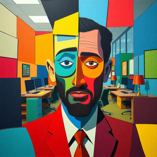 exploration of identity, michael scott, geometric abstraction, vibrant colors, cubism influence, office aesthetics, dynamic composition, modernist approach, abstract forms, playful humor, primary color palette, surreal interpretation, exaggerated proportions, whimsical expression, fragmented reality, contemporary culture, reflective surfaces, bold outlines, corporate environment, light-hearted mood, satirical tone, pop culture reference, intricate details, artistic homage, abstract geometry