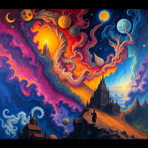 epic grandiose scale, vibrant energetic palette, surreal dreamscape, fantasy elements, inspired by Salvador Dalí, flowing dynamic forms, Baroque influence, dramatic chiaroscuro, intricate details, mythical symbolism, ethereal atmosphere, intense emotion, multi-dimensional perspective, abstract representation, iconic figures, immersive narrative, bold contrasts, renaissance revival, lush textures, avant-garde techniques