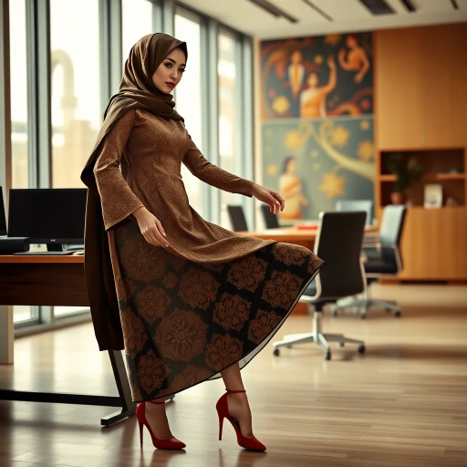 Arab woman, elegant hijab, professional setting, modern workplace, high heels, Middle Eastern culture, contemporary art, intricate patterns, vibrant colors, soft lighting, dynamic pose, cultural expression, delicate fabrics, office environment, confident demeanor, sophisticated fashion, grace and poise, diverse representation, cultural fusion, empowerment, modernism, Impressionism influences, human form, balance and harmony, Henri Matisse, modern elegance, intricate textile patterns, vibrant aesthetic, global influence, artistic expression, dignity and strength, atmospheric composition, elegant lines, harmonious palette, seamless integration, modern artistry