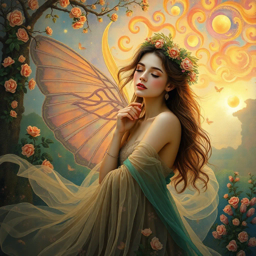 ethereal beauty, youthful elegance, surreal landscape, intricate details, vibrant hues, soft lighting, dreamlike atmosphere, Gustav Klimt, Renaissance influence, mystical aura, flowing garments, delicate features, natural elements, harmonious composition, rich textures, emotional depth, romanticism, dynamic movement, celestial themes, ethereal glow, fantasy-art, otherworldly charm, luminescent skies, shimmering textures, elegant grace, transcendental elements, swirling patterns, ornate designs, cosmic inspiration, gentle ambiance