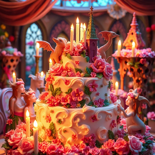 vivid birthday cake, intricate details, vibrant colors, surrealism, whimsical, dream-like, fantastical elements, splashes of paint, soft glow, celebratory mood, contemporary, dynamic composition, pastel hues, icing texture, multicolored sprinkles, playful elements, multi-layered structure, high contrast, delicate frosting, creative presentation, joyful ambiance, artistic flair, imaginative design, cake artistry, festive atmosphere, imaginative presentation, dynamic movement, Salvador Dali, Marc Chagall, pop-art influences, ethereal lighting, impressionistic brushstrokes, dream-like textures, visual harmony, chromatic splendor, joyous expression, cultural festivities, artistic visionary, enchanting scene